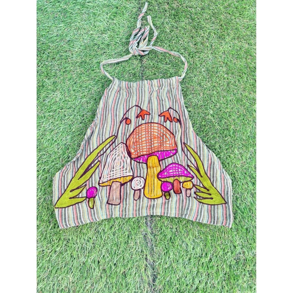Lakhays Boho Mushroom Embroidered Halter Top Striped Cotton Nepal Festival Top